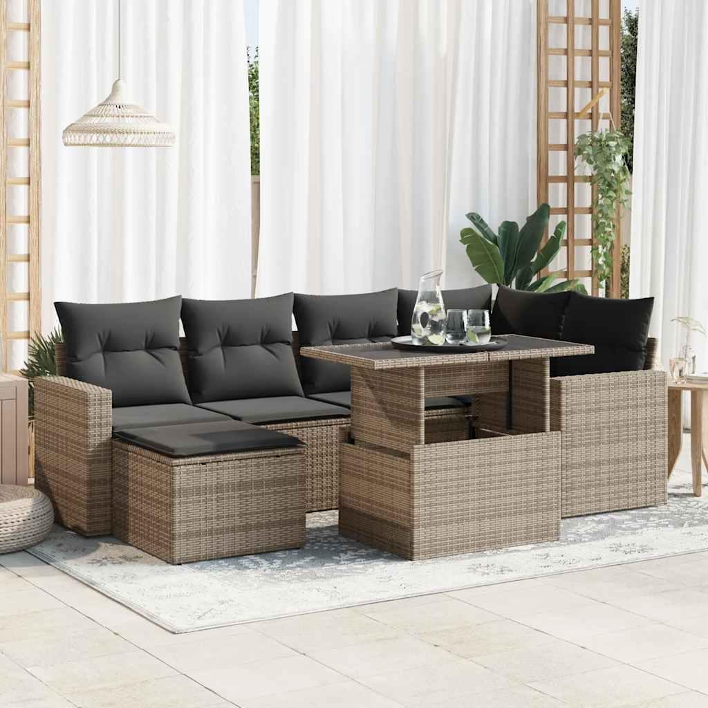 Havesofa-sæt i polyrattan, 7 dele med hynder - grå