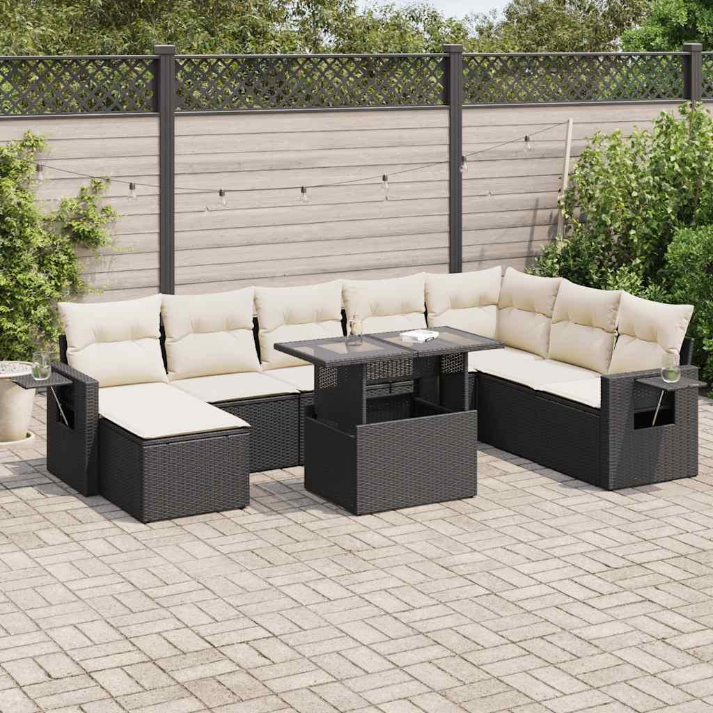 Havesofasæt i polyrattan, 9 dele med hynder - sort billede