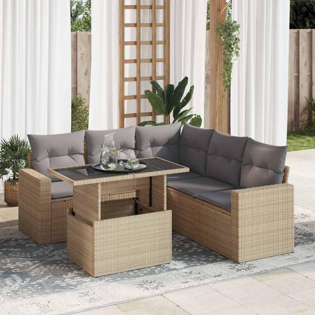 Sofasæt til haven i polyrattan - 6 dele med hynder, beige billede