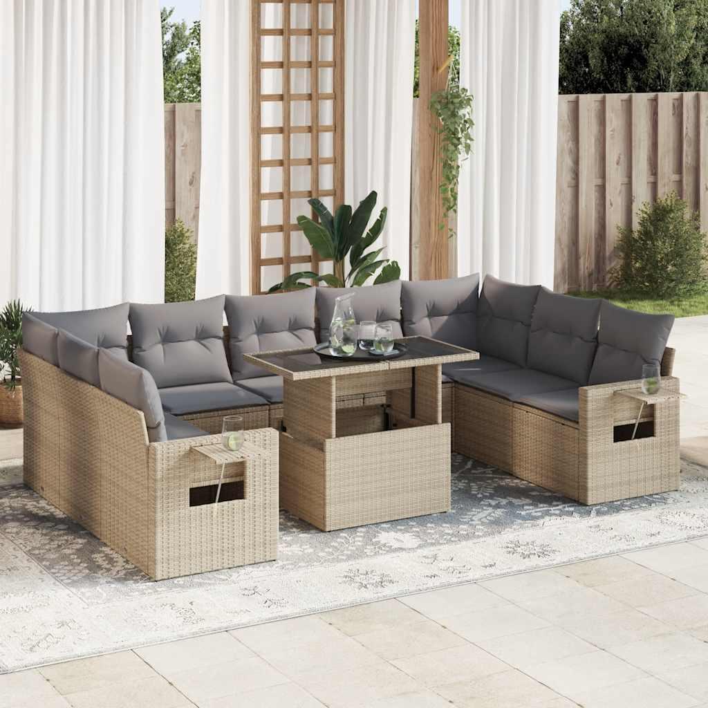 Sofasæt til haven i polyrattan - 10 dele med hynder, beige billede