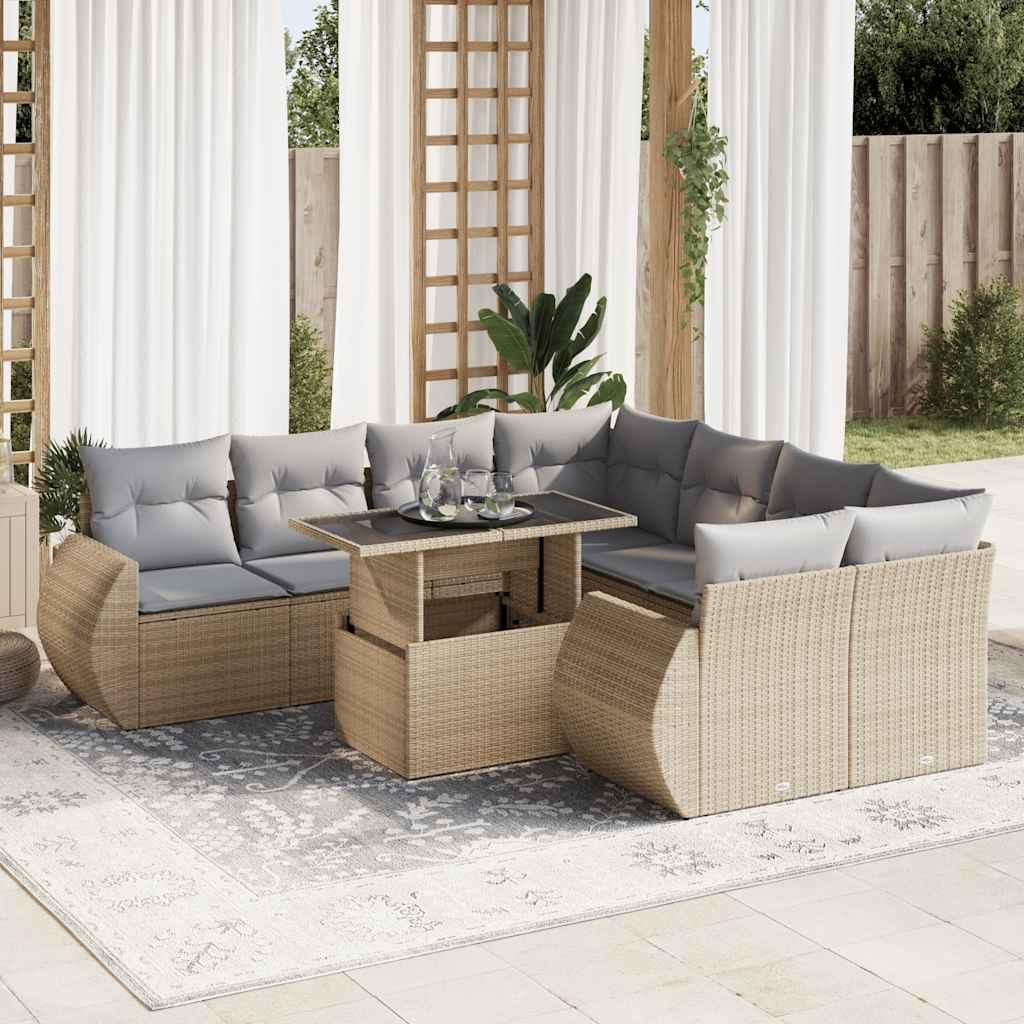 Sofasæt til haven 9 dele med hynder polyrattan beige