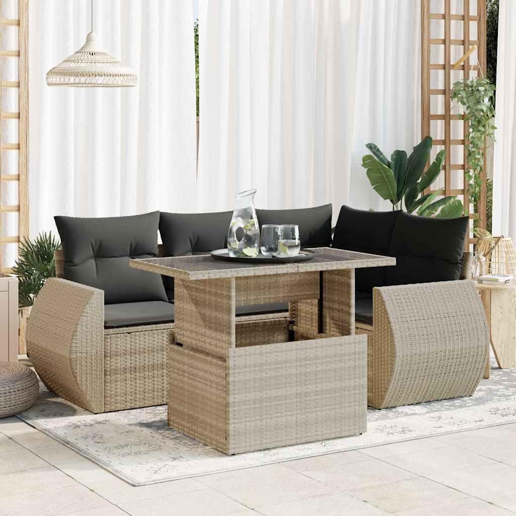 Sofasæt 5 dele med hynder polyrattan lysegrå
