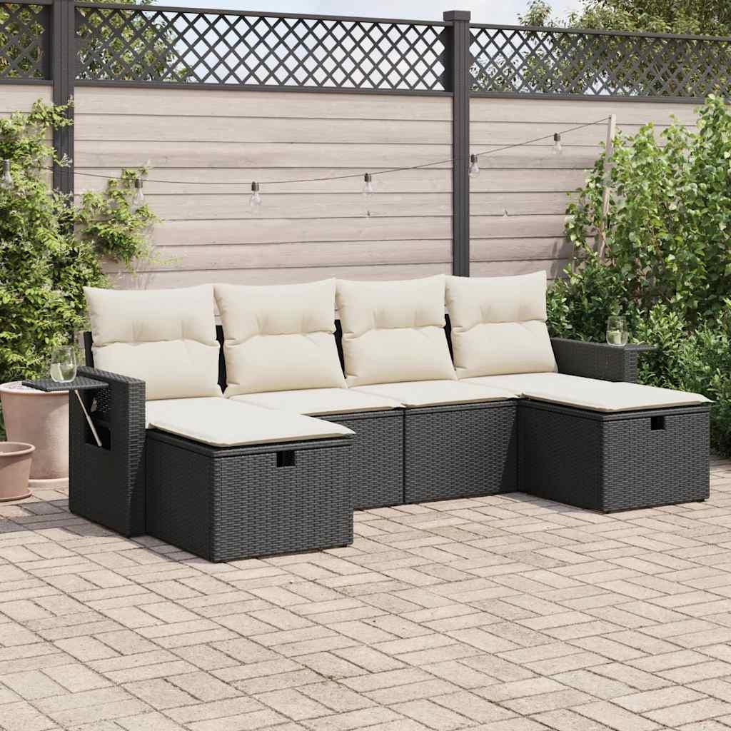 Havesofasæt i polyrattan - 6 dele med hynder, sort/creme