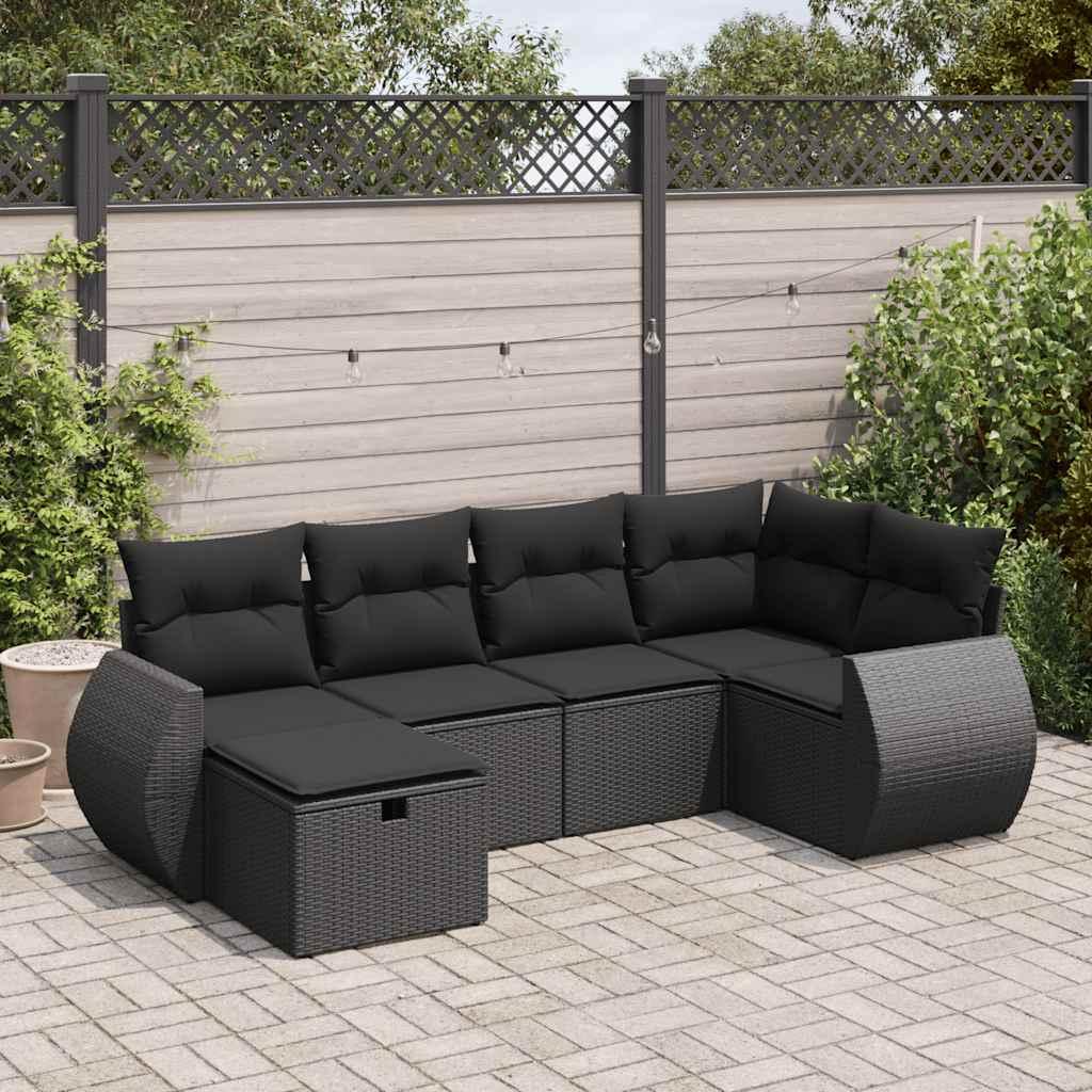 Havesofasæt i polyrattan - 6 dele med hynder, sort