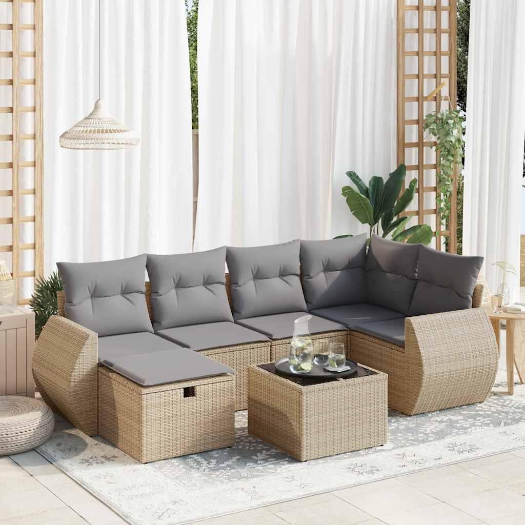 Sofasæt til haven 7 dele med hynder polyrattan beige