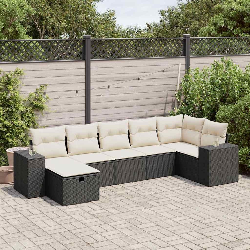 Sofasæt til haven i polyrattan - 7 dele med hynder, sort