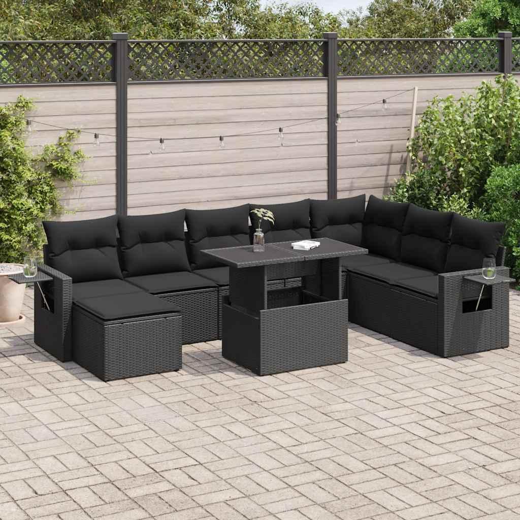 Havesofasæt i polyrattan - 9 dele med hynder, sort billede