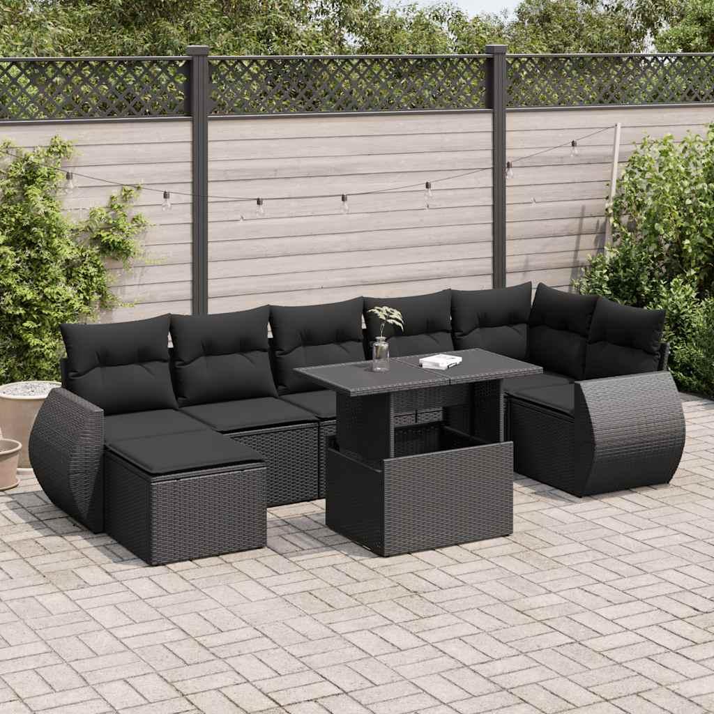 Havesofasæt i polyrattan, 8 dele med hynder - sort billede