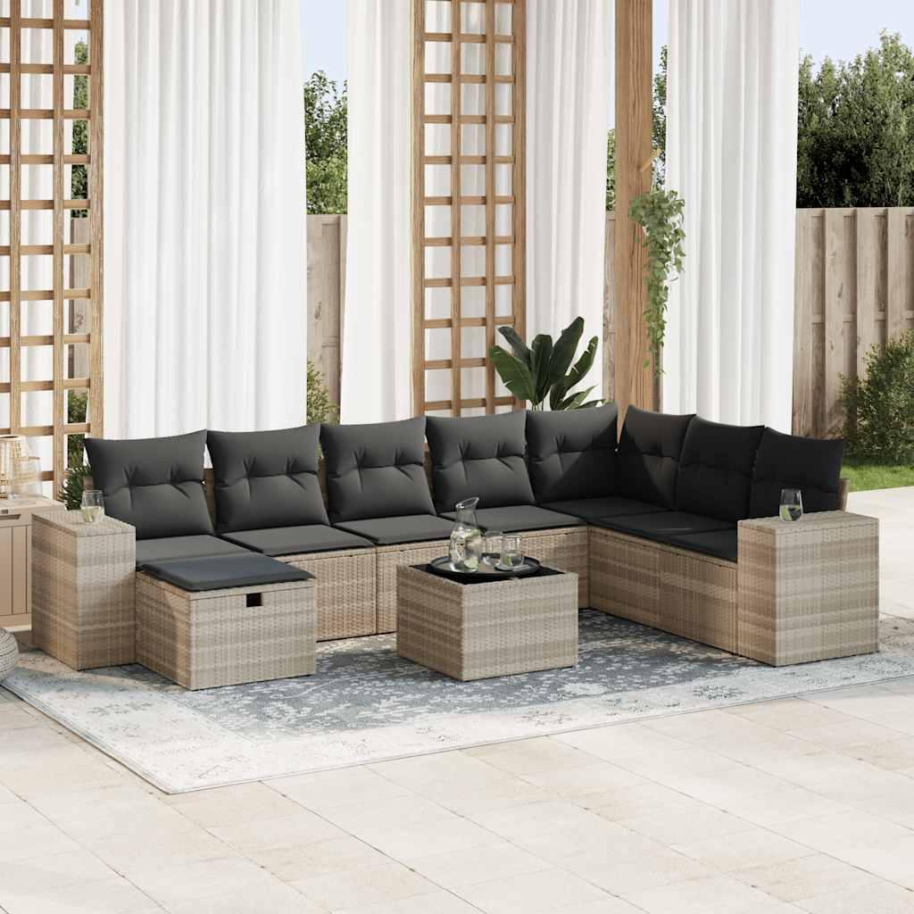 Sofasæt til haven 9 dele med hynder polyrattan lysegrå