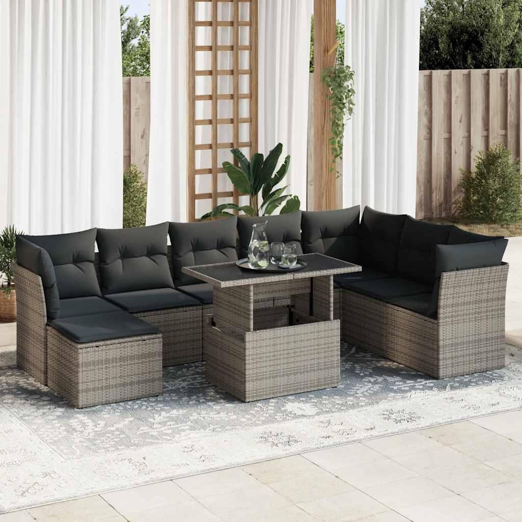Sofasæt til haven 9 dele med hynder polyrattan grå