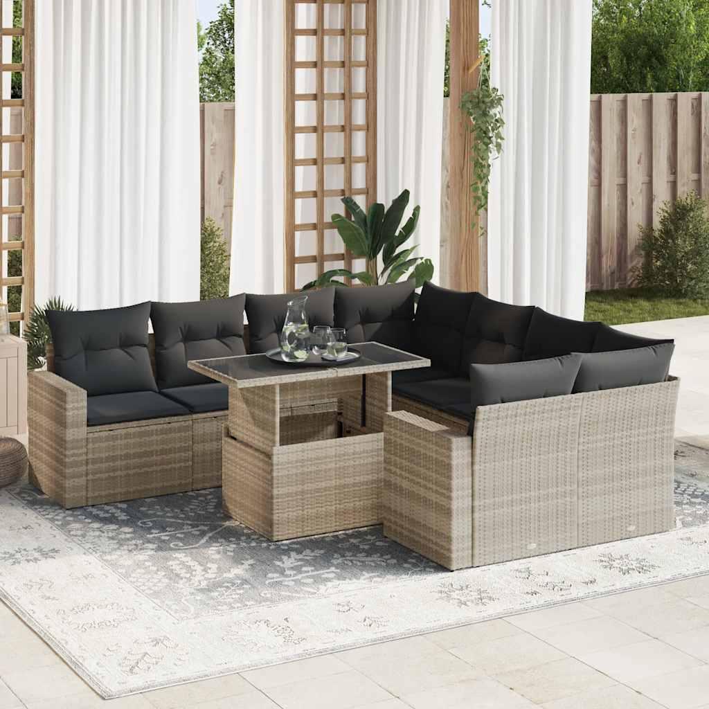 Sofasæt til haven 9 dele med hynder polyrattan lysegrå
