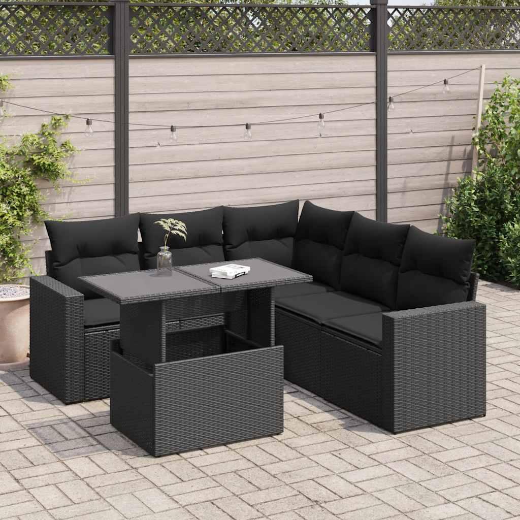 Havesofasæt i polyrattan - 6 dele med hynder, sort