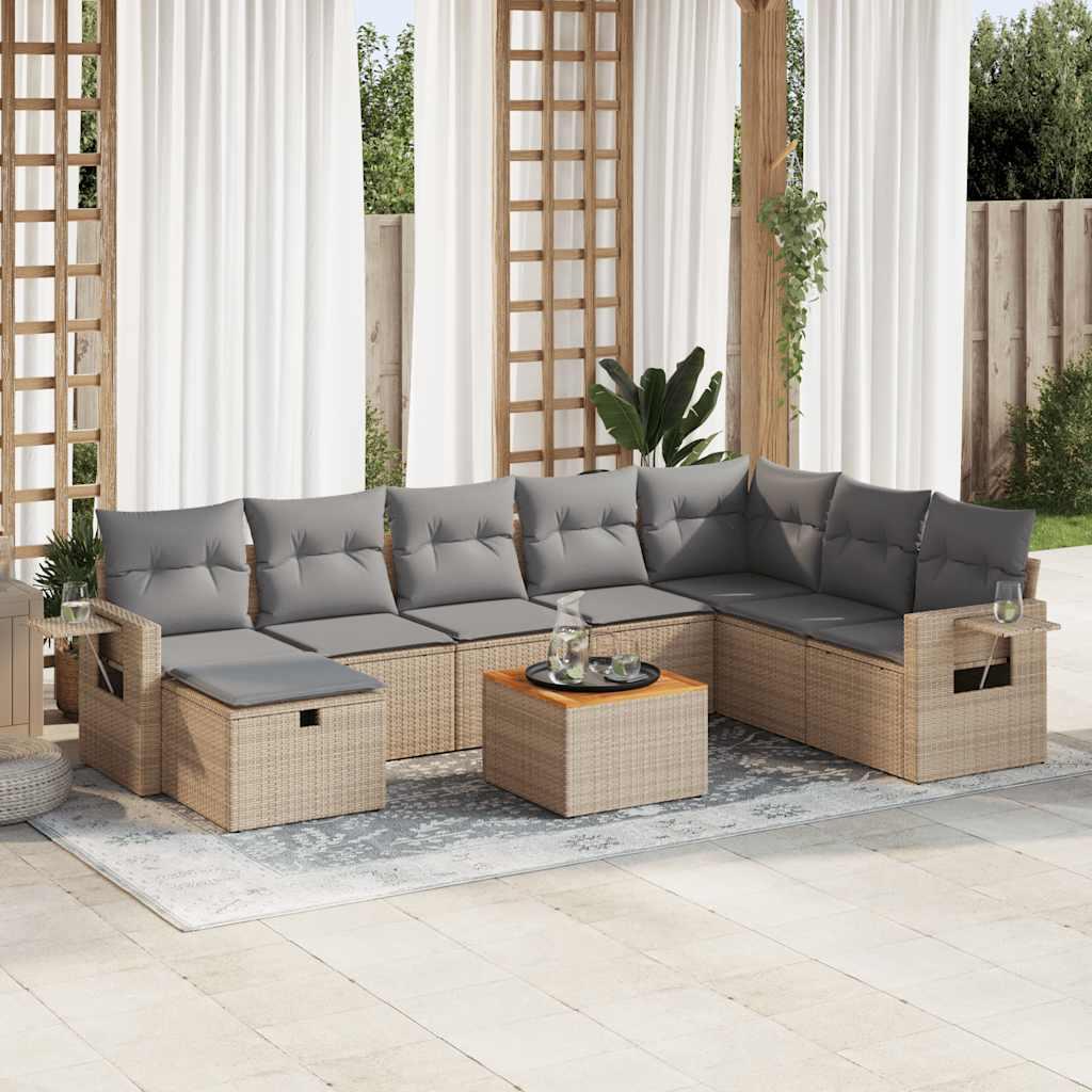 Havesofasæt 9 dele med hynder i polyrattan - beige