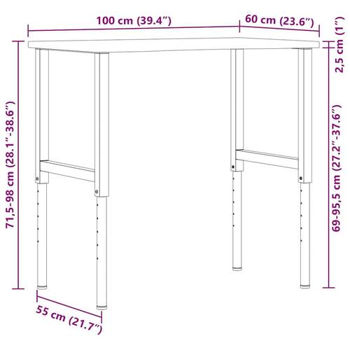 Arbejdsbænk 100x60x(71,5-98) cm massivt egetræ