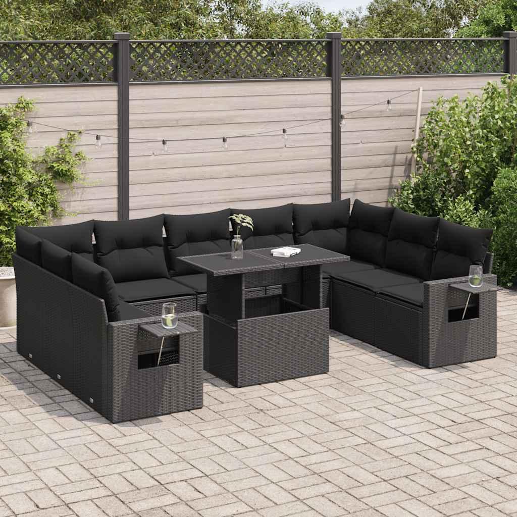 Havesofasæt i polyrattan - 10 dele med hynder, sort billede