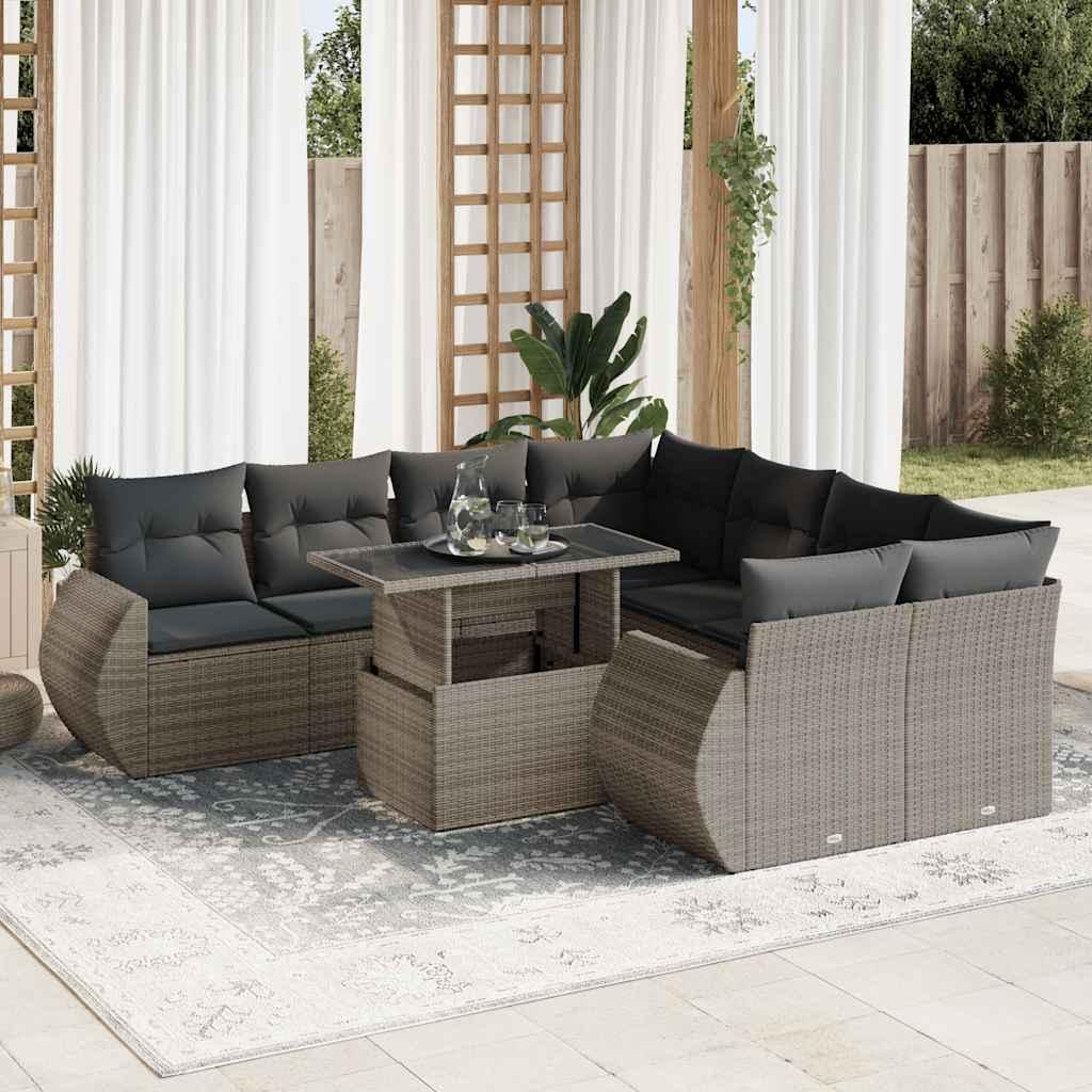 Sofasæt til haven 9 dele med hynder polyrattan grå