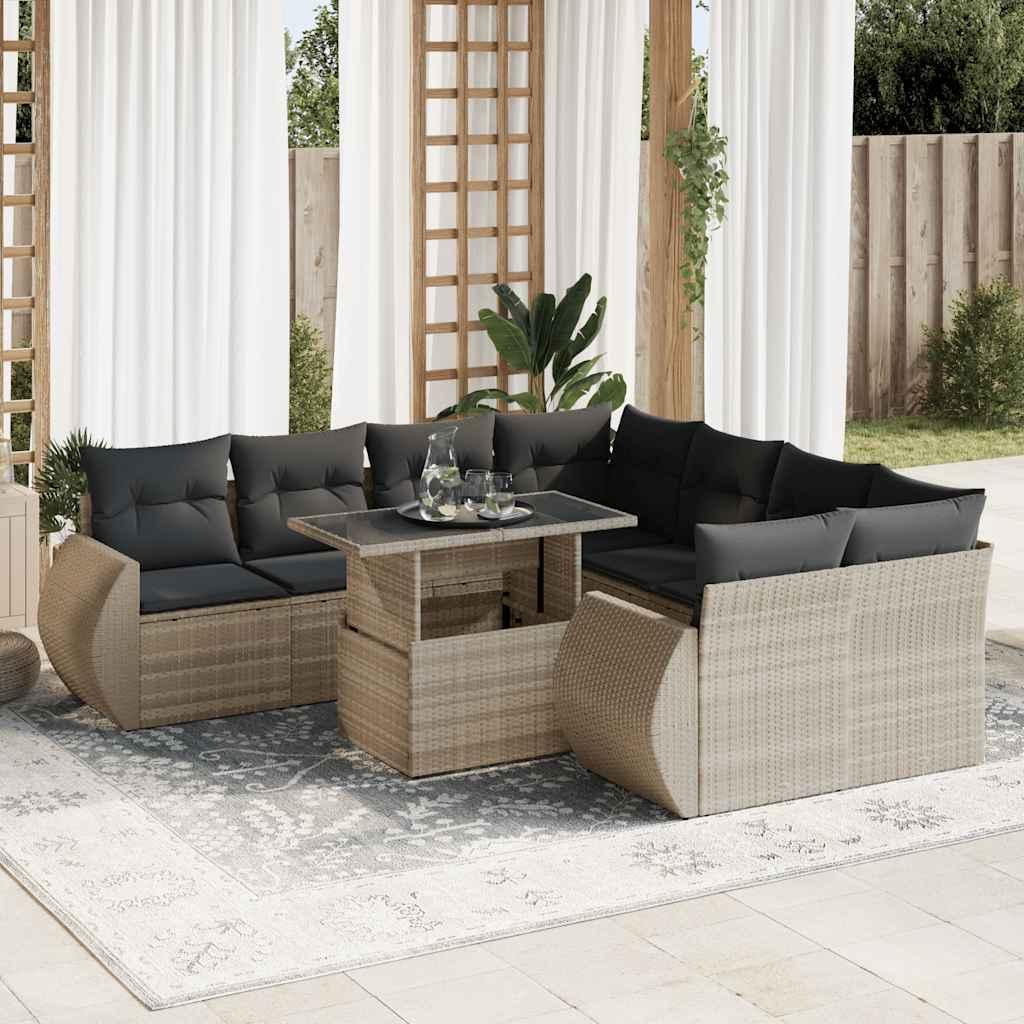 Sofasæt til haven 9 dele med hynder polyrattan lysegrå