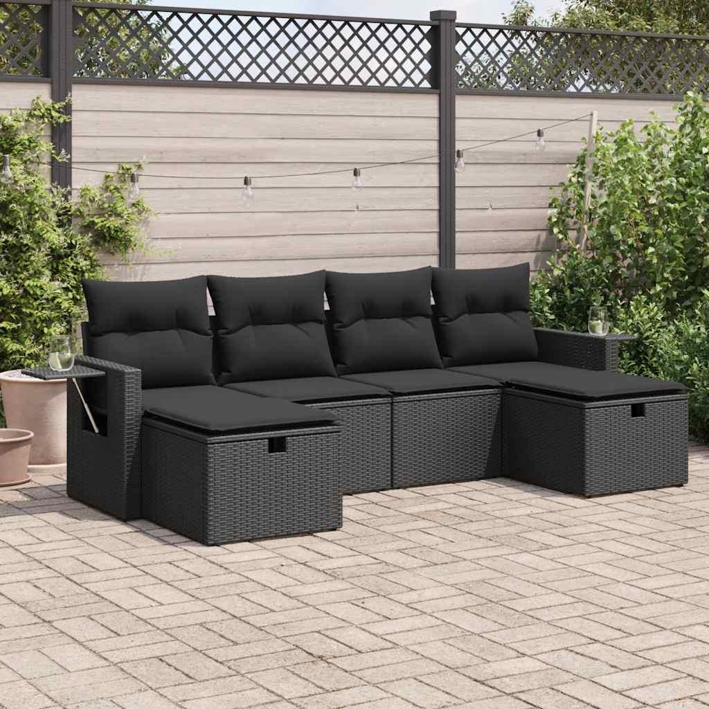 Havesofasæt i polyrattan - 6 dele med hynder, sort