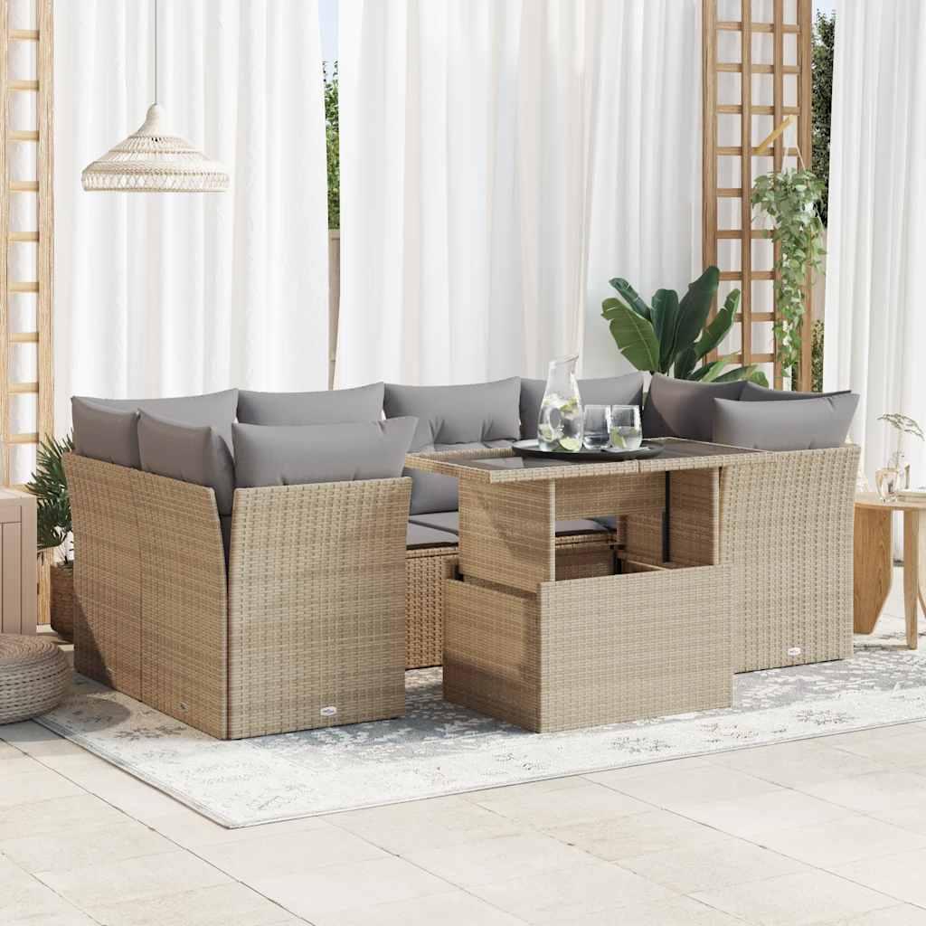 Sofasæt til haven i polyrattan, 7 dele med hynder - beige