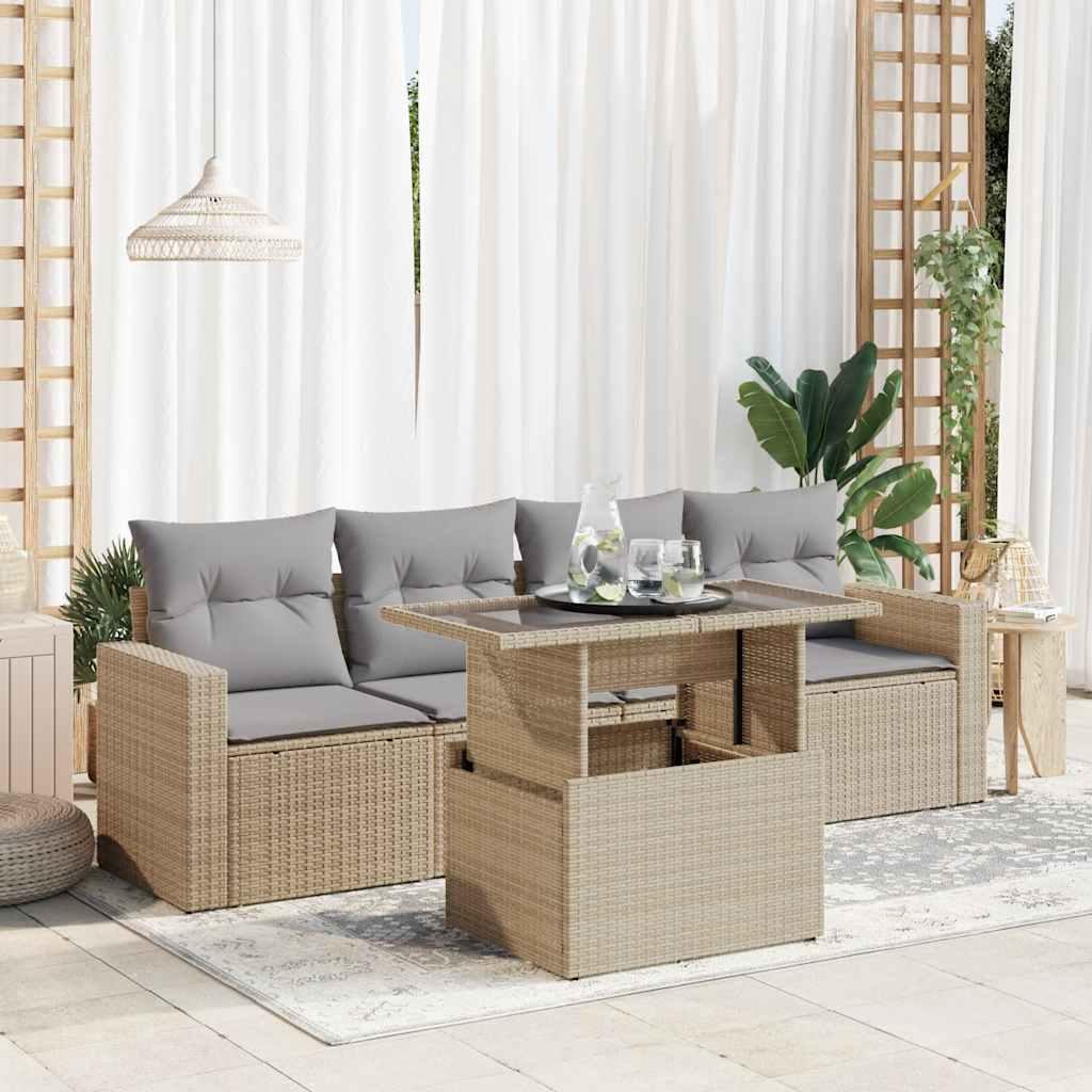 Sofasæt til haven 5 dele med hynder polyrattan beige billede