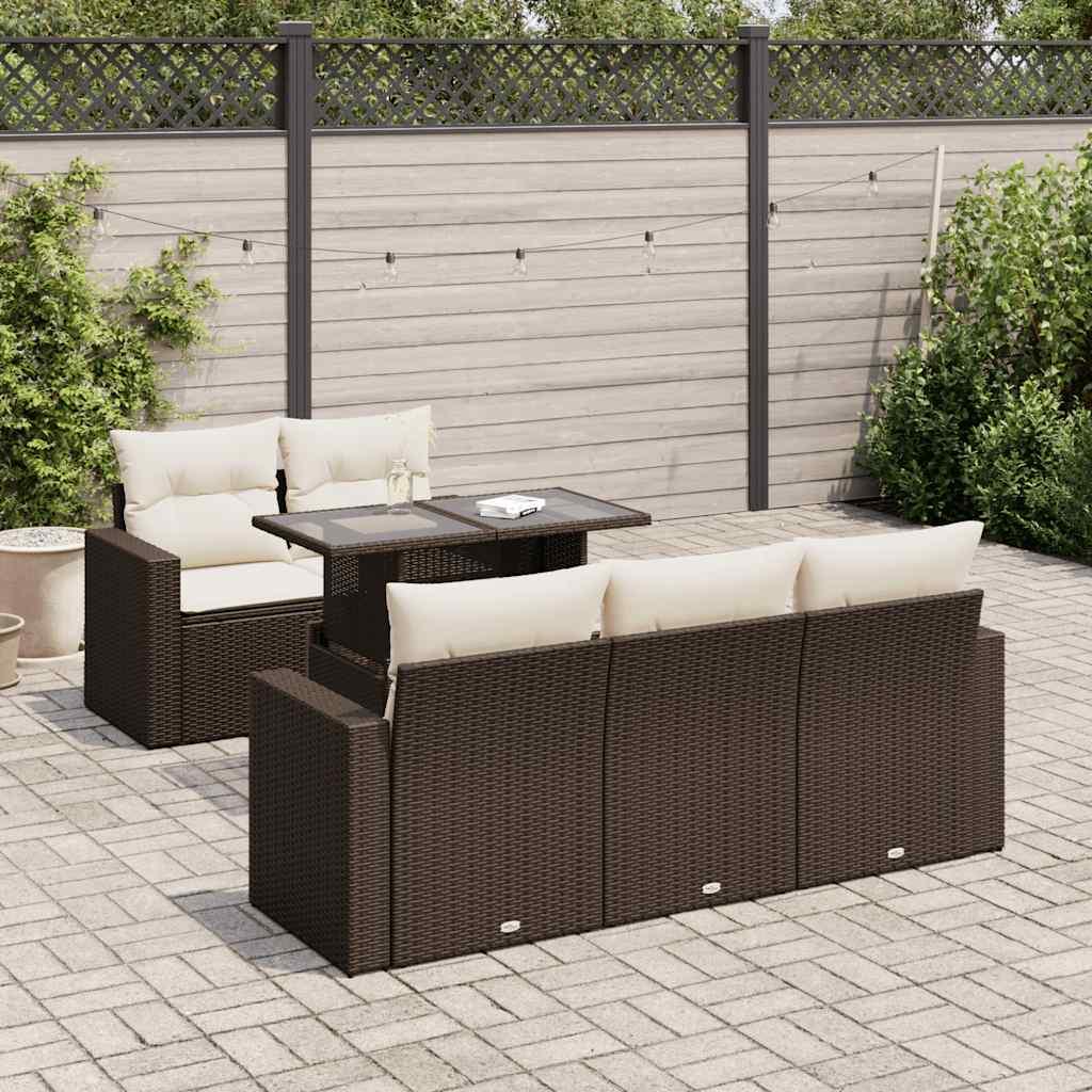 Havesofasæt i polyrattan - 6 dele med hynder, brun