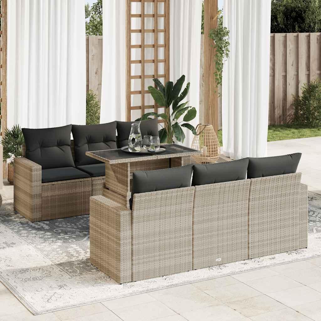 Sofasæt til haven i polyrattan, 7 dele med hynder - lysegrå billede