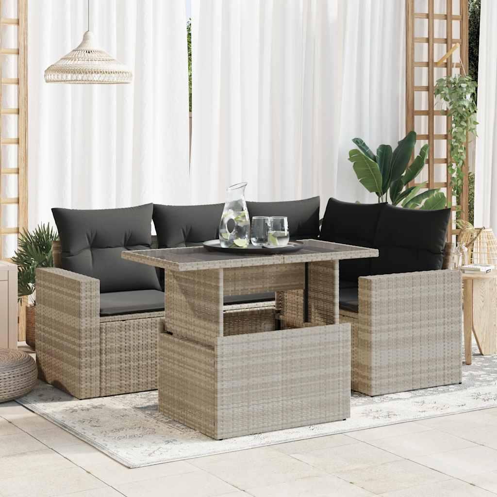Sofasæt 5 dele med hynder polyrattan lysegrå billede