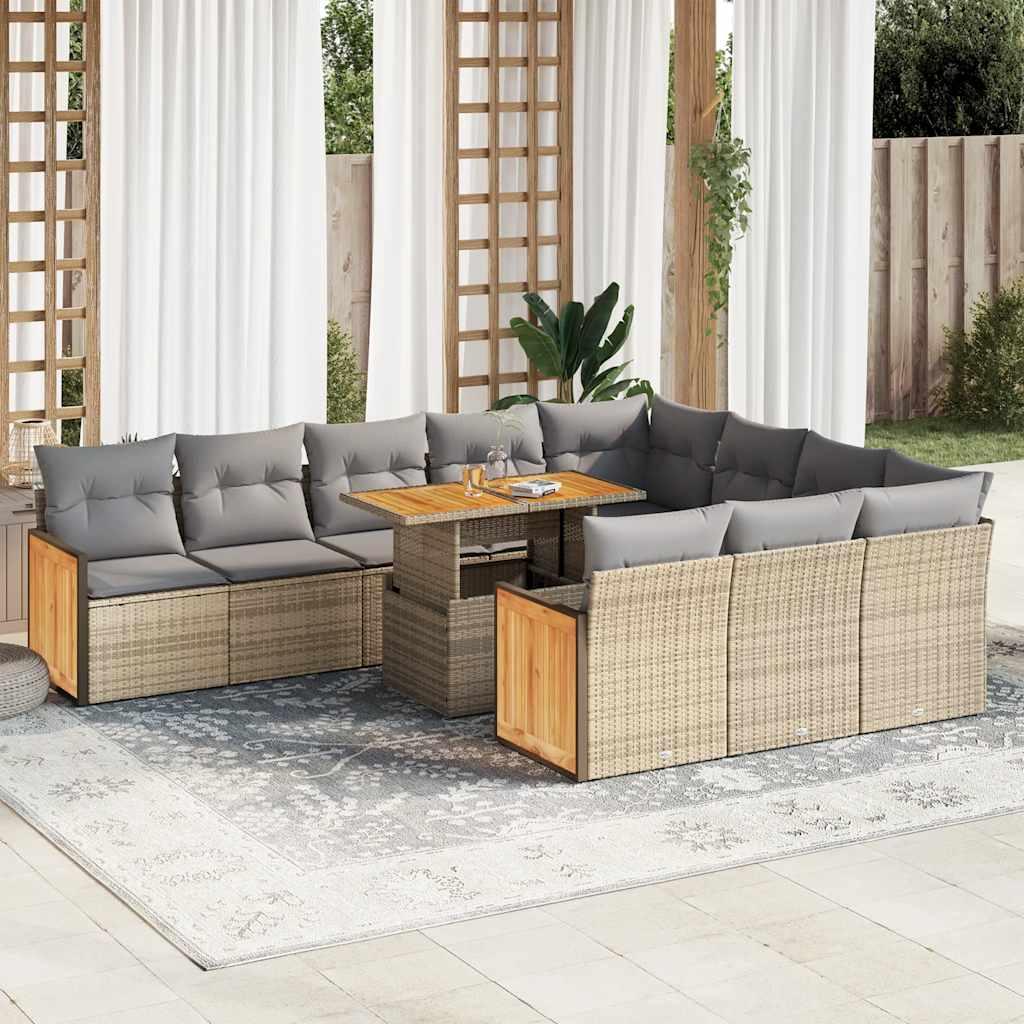 Sofasæt til haven 11 dele med hynder polyrattan akacietræ beige billede
