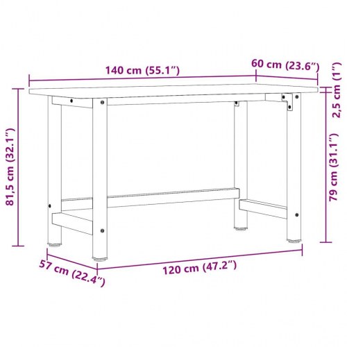 Arbejdsbænk 140 x 60 x 81,5 cm i massivt egetræ - lysebrun