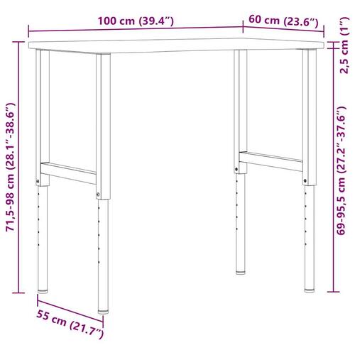 Arbejdsbænk 100x60x(71,5-98) cm massivt egetræ