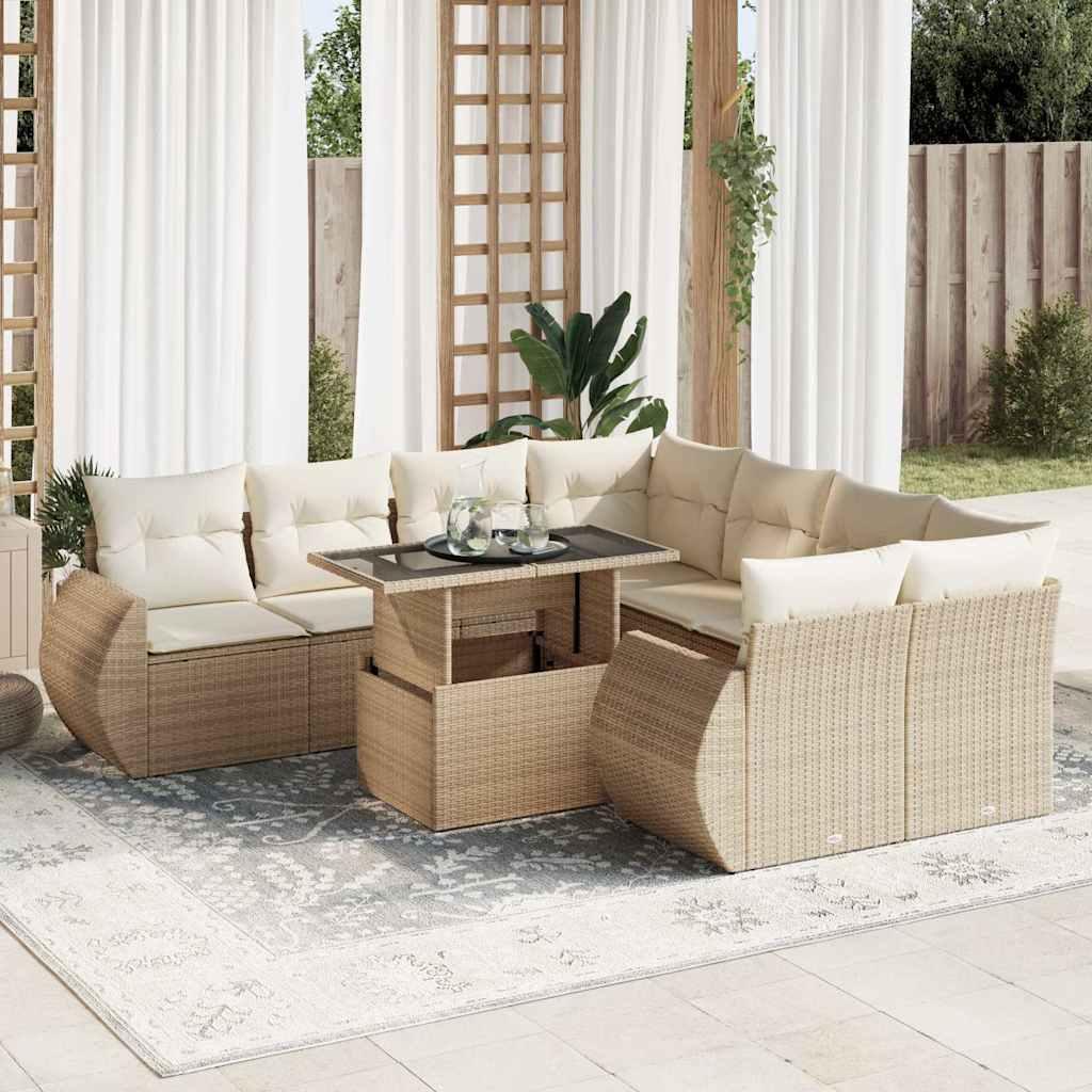 Sofasæt til haven 9 dele med hynder polyrattan beige