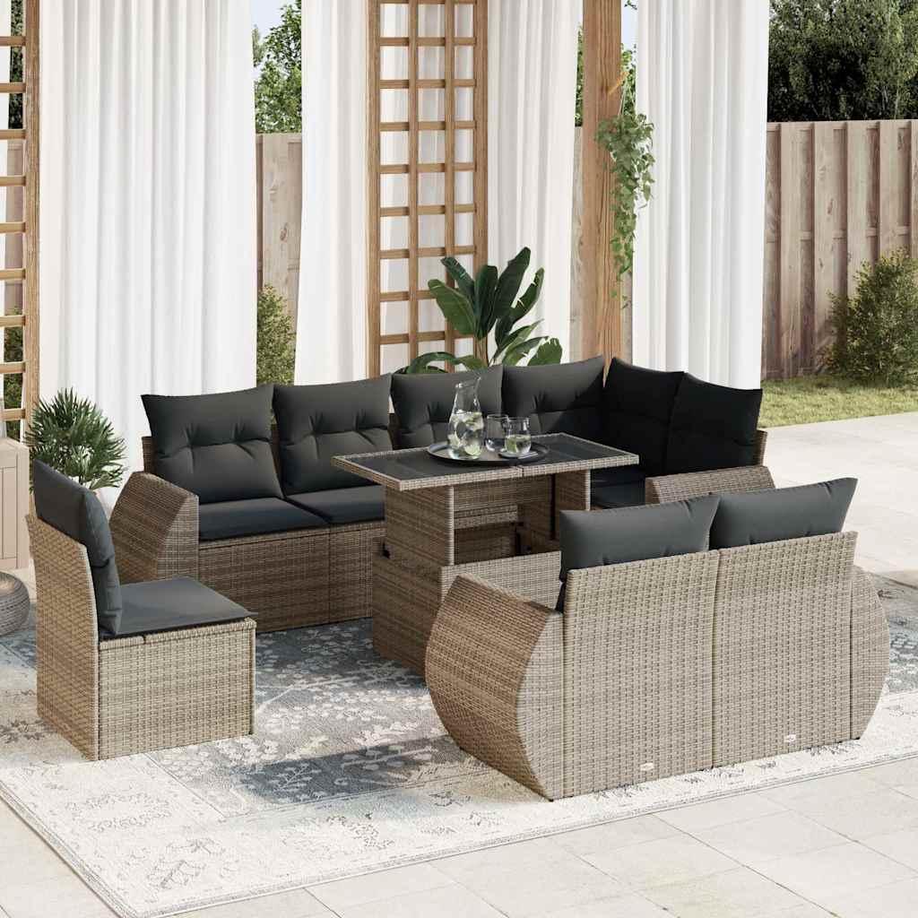 Havesofasæt i polyrattan - 9 dele med hynder, grå