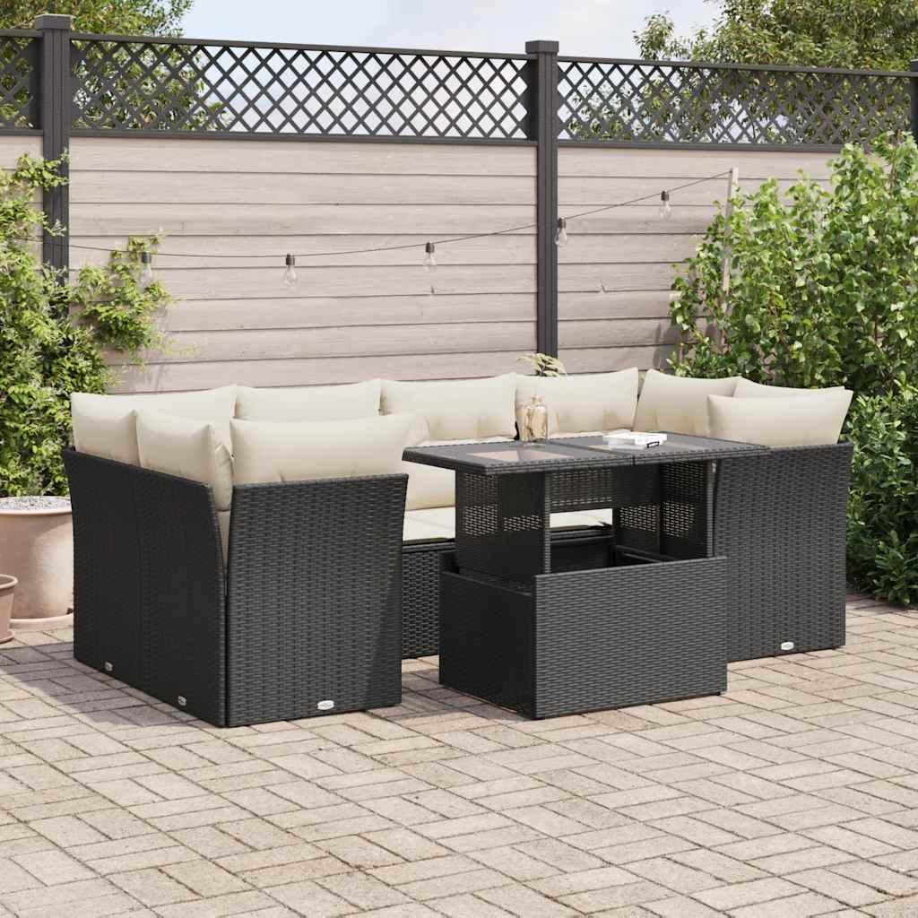 Sofasæt til haven i polyrattan - 7 dele med hynder, sort