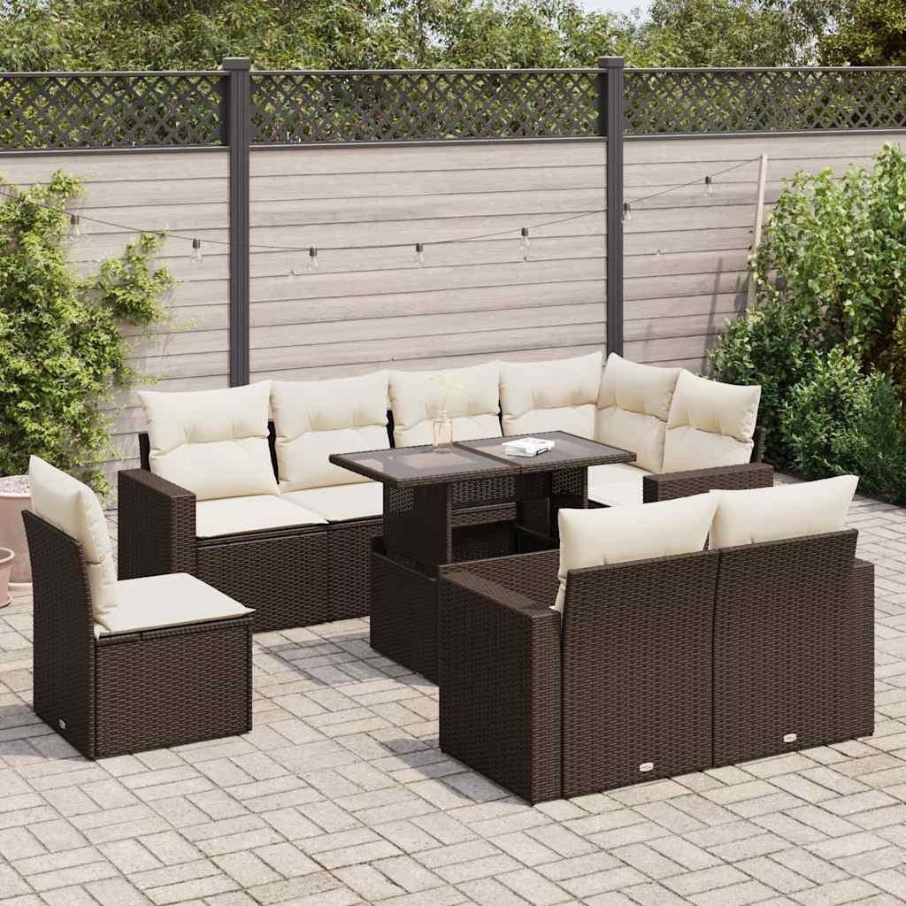 Havesofasæt i polyrattan, 9 dele med hynder - brun billede
