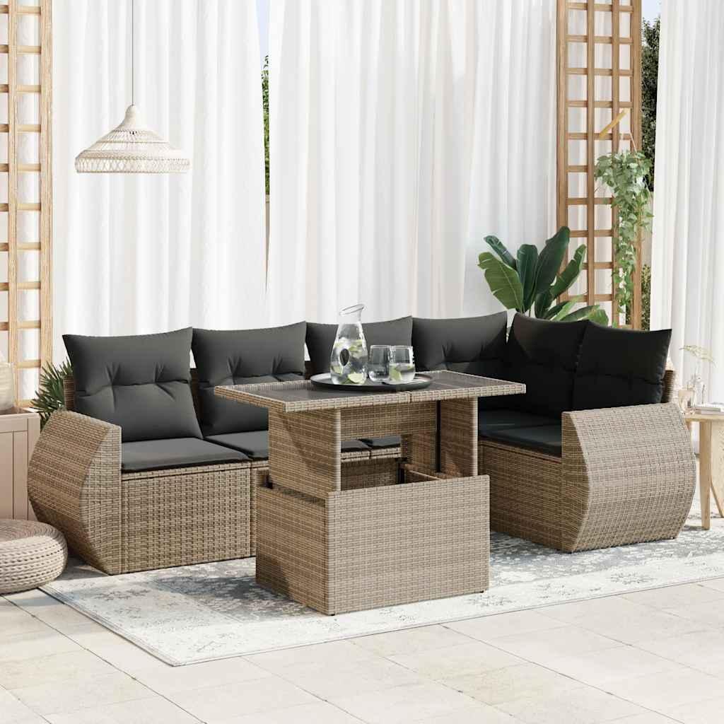 Havesofasæt i polyrattan - 6 dele med hynder, grå