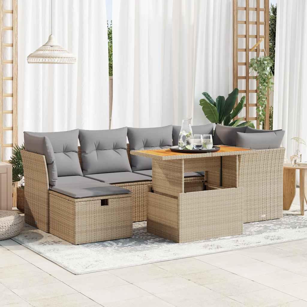 Sofasæt til haven 7 dele med hynder i polyrattan og akacietræ - beige