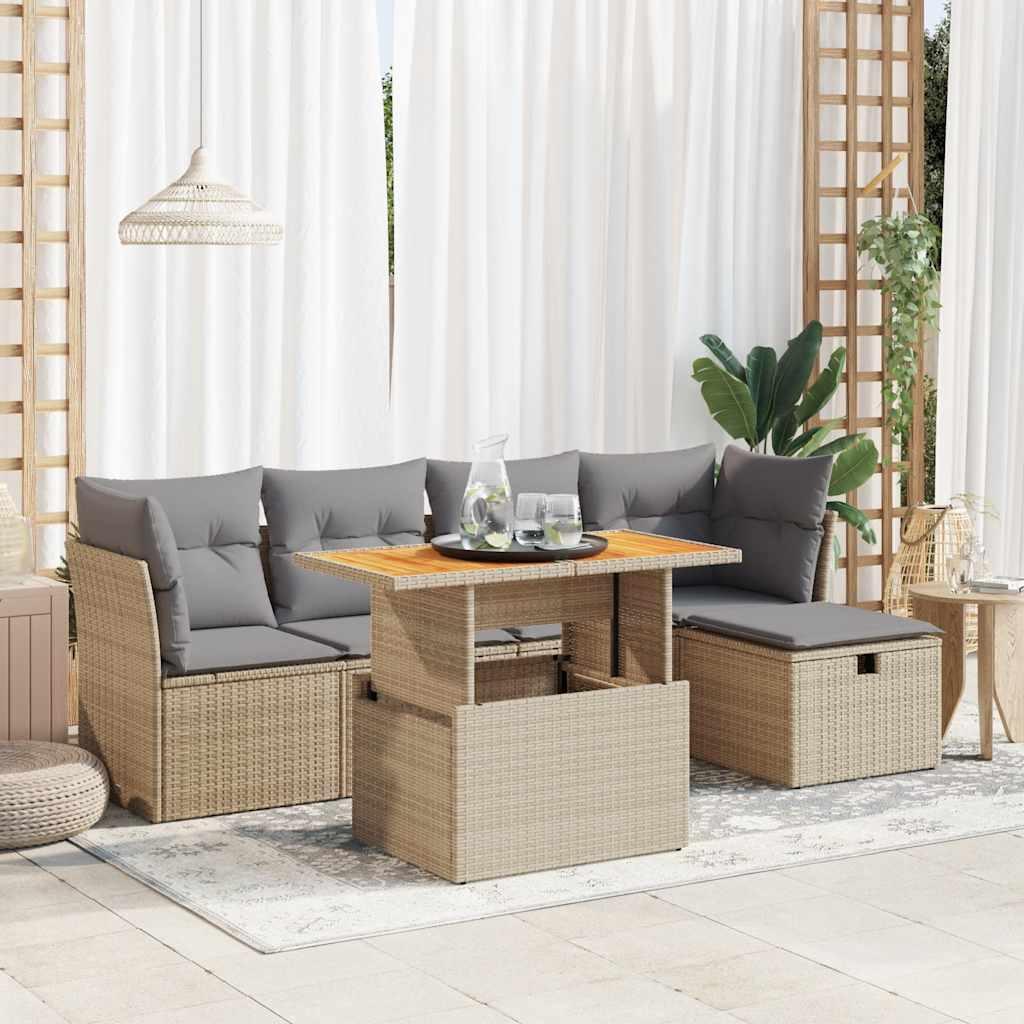 Sofasæt til haven 6 dele med hynder i polyrattan og akacietræ, beige