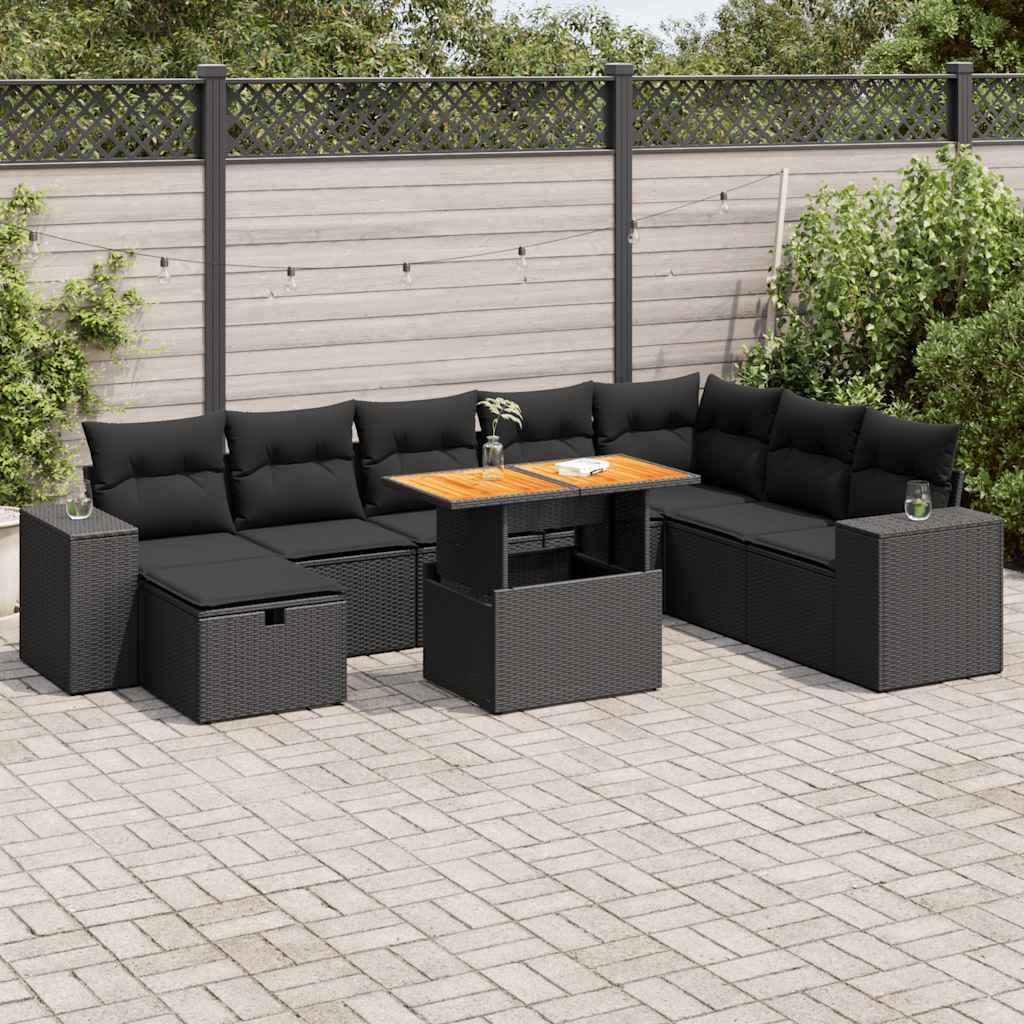 Sofasæt til haven 9 dele med hynder polyrattan akacietræ sort billede