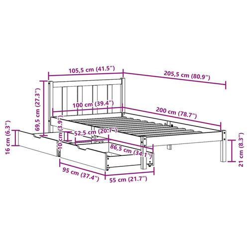 Sengeramme uden madras 100x200 cm massivt fyrretræ