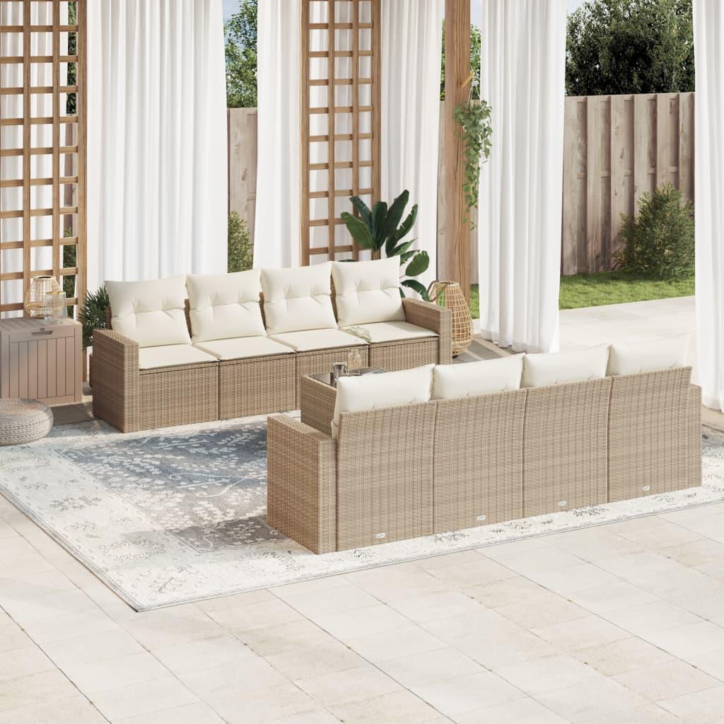 Sofasæt til haven 9 dele med hynder og opbevaring i polyrattan beige