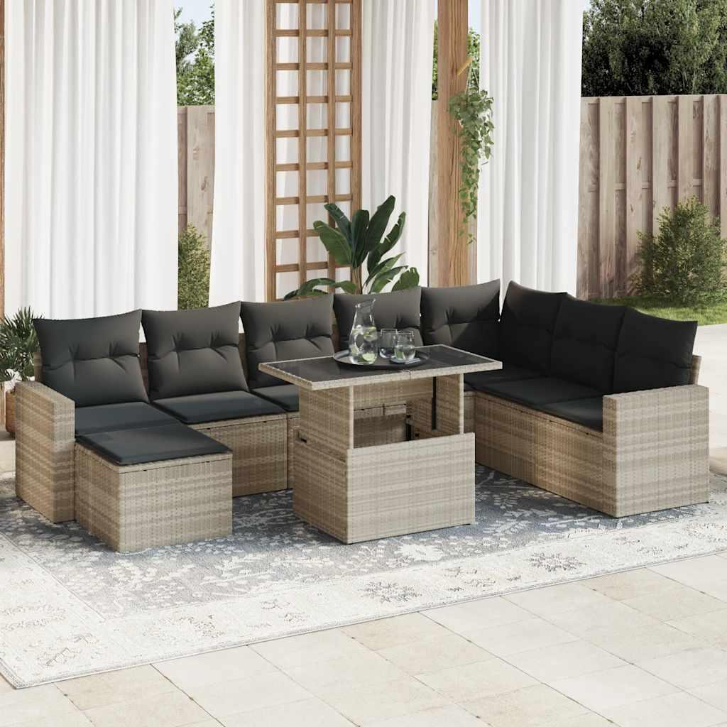 Sofasæt til haven 9 dele med hynder polyrattan lysegrå