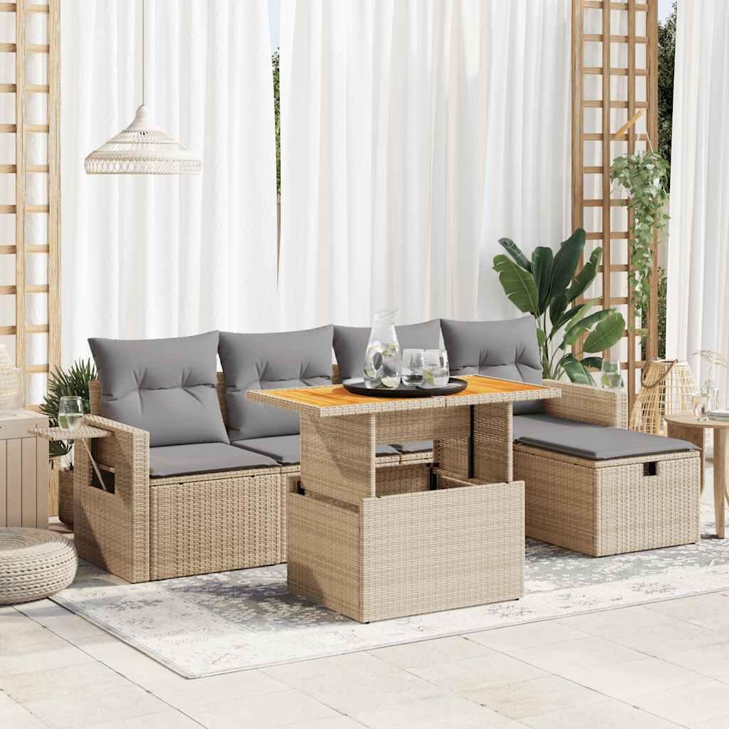 Sofasæt til haven 6 dele med hynder, polyrattan og akacietræ - beige