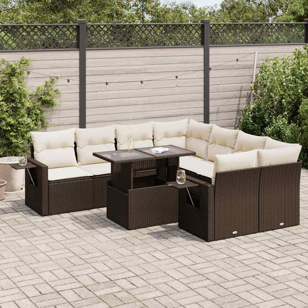Havesofasæt i polyrattan - 9 dele med hynder, brun billede