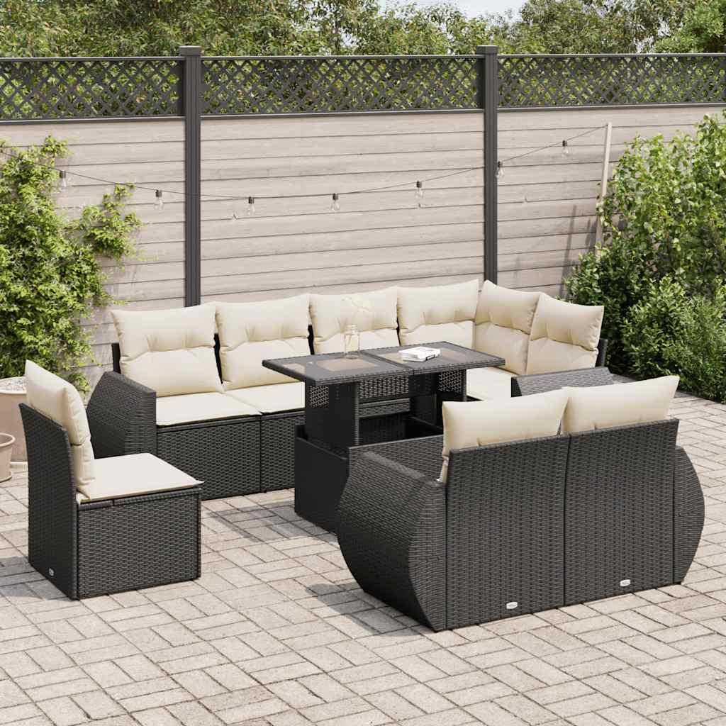 Sofasæt til haven i polyrattan - 9 dele med hynder, sort
