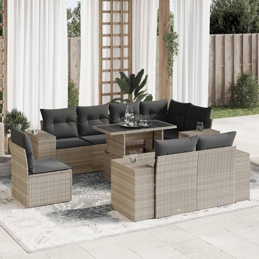 Sofasæt til haven 9 dele med hynder polyrattan lysegrå