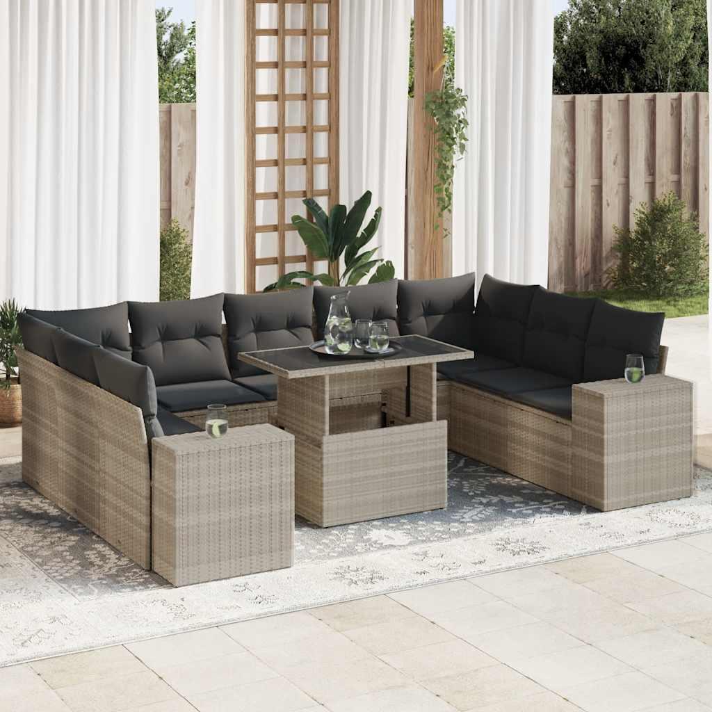 Sofasæt til haven 10 dele med hynder polyrattan lysegrå