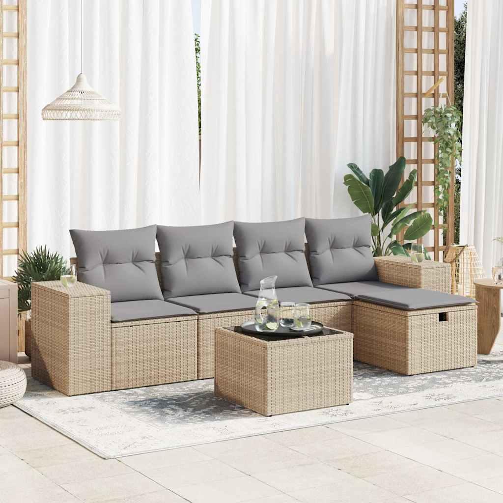 Sofasæt til haven 6 dele med hynder polyrattan beige