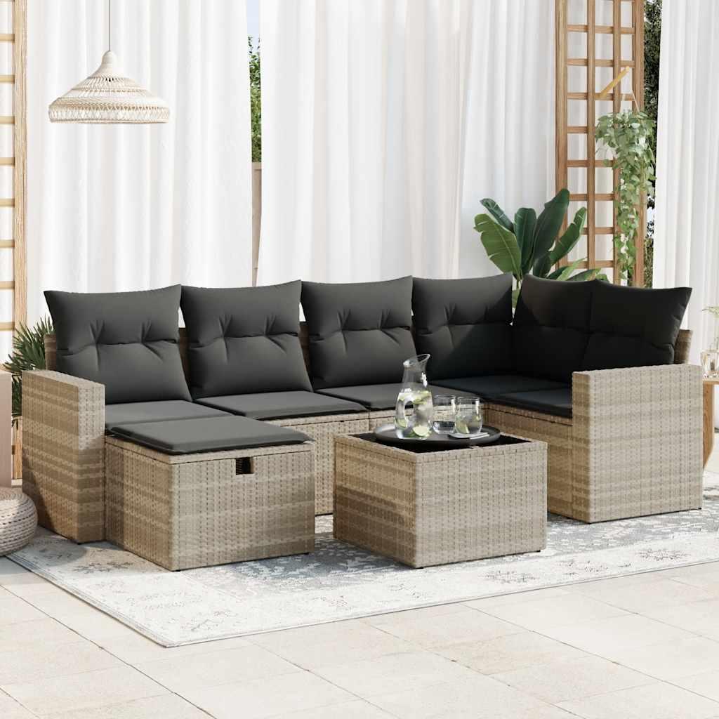 Sofasæt til haven 7 dele med hynder polyrattan lysegrå