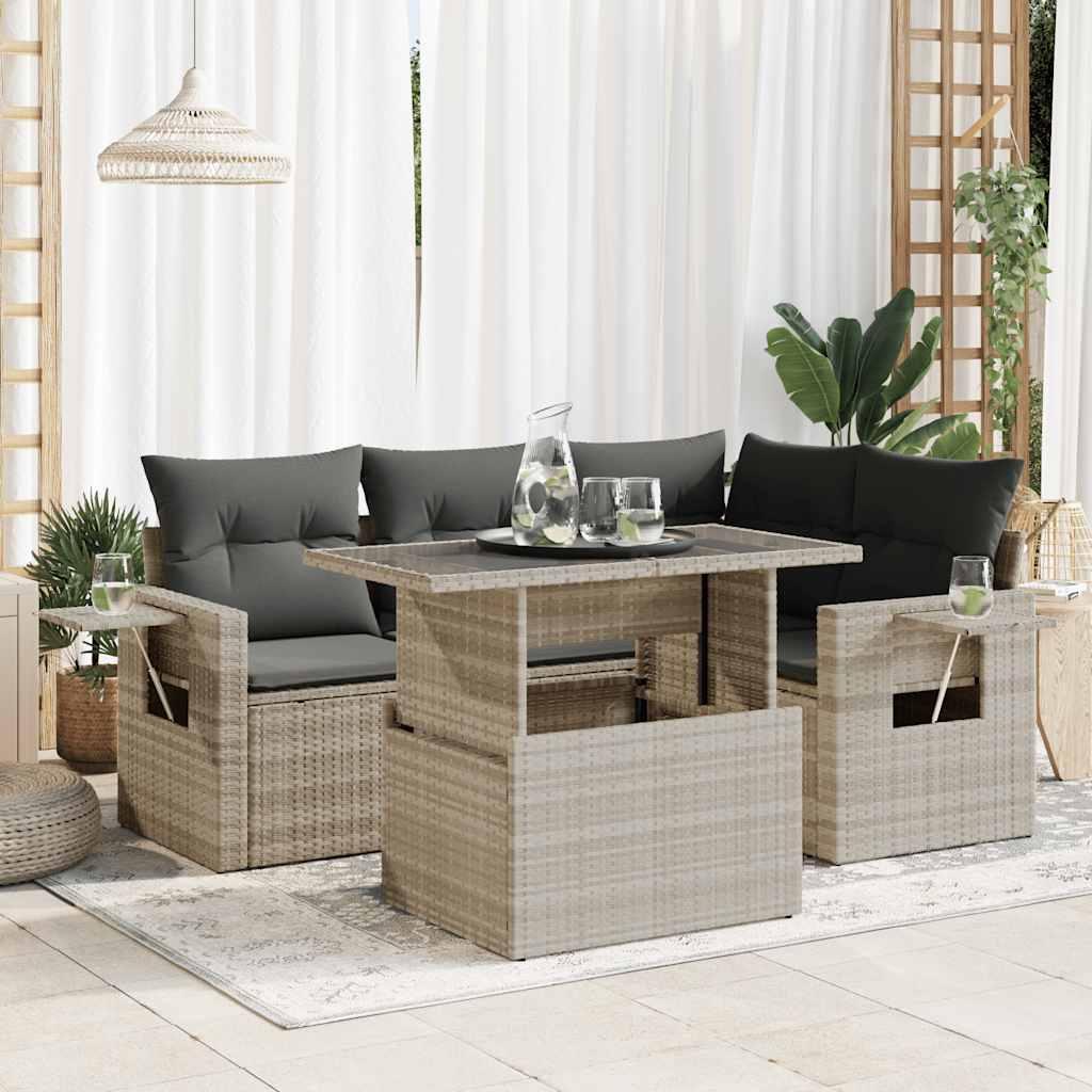 Sofasæt 5 dele med hynder polyrattan lysegrå