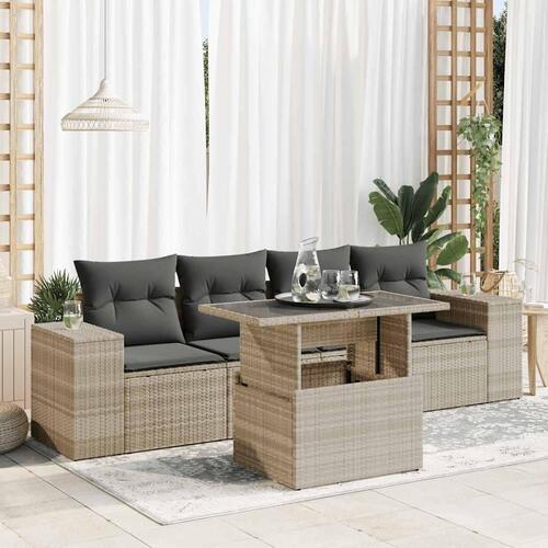 Sofasæt 5 dele med hynder polyrattan lysegrå